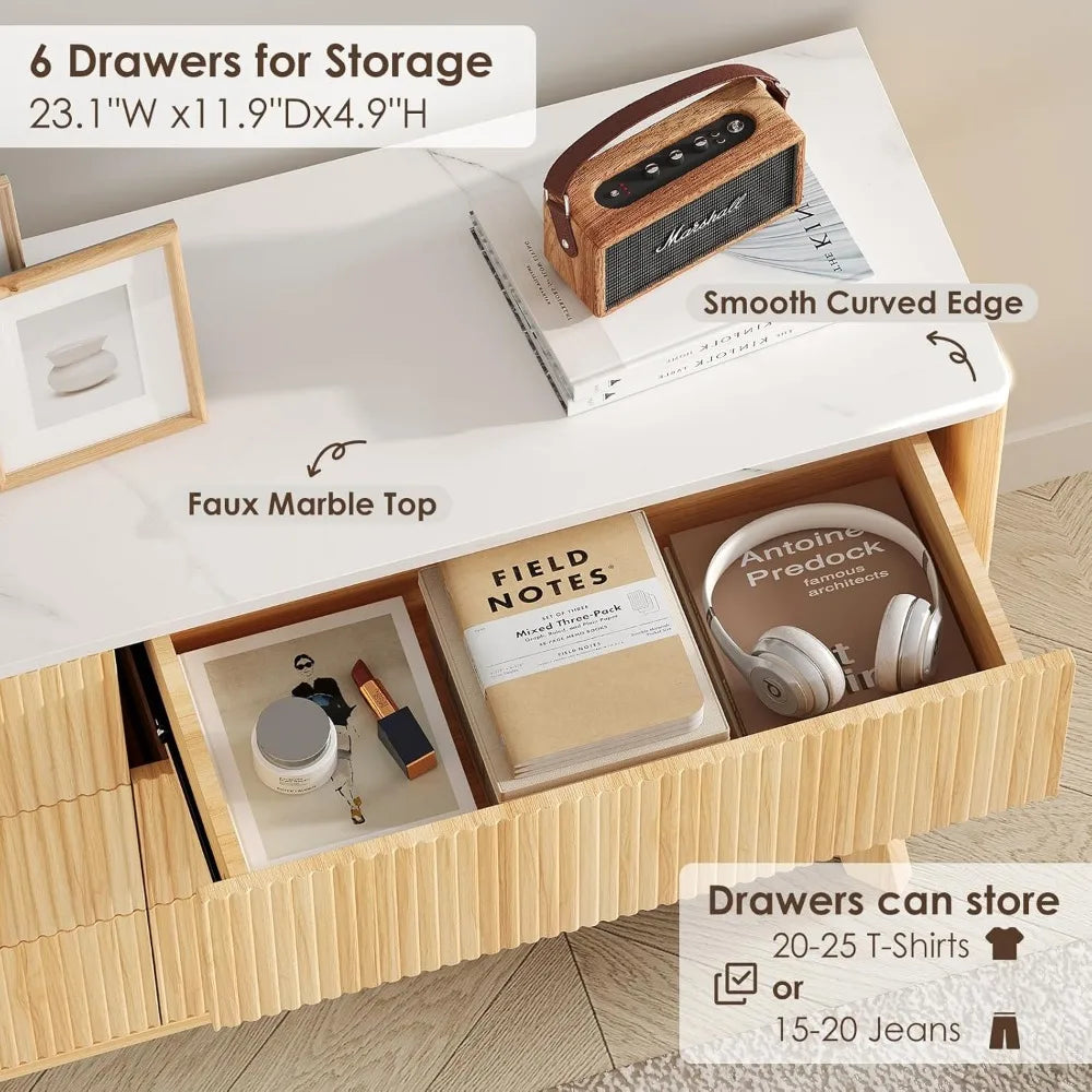 Fluted 6 drawers dresser for bedroom,52’’ wide handleless chest of with faux marble top wooden tv stand wood dr