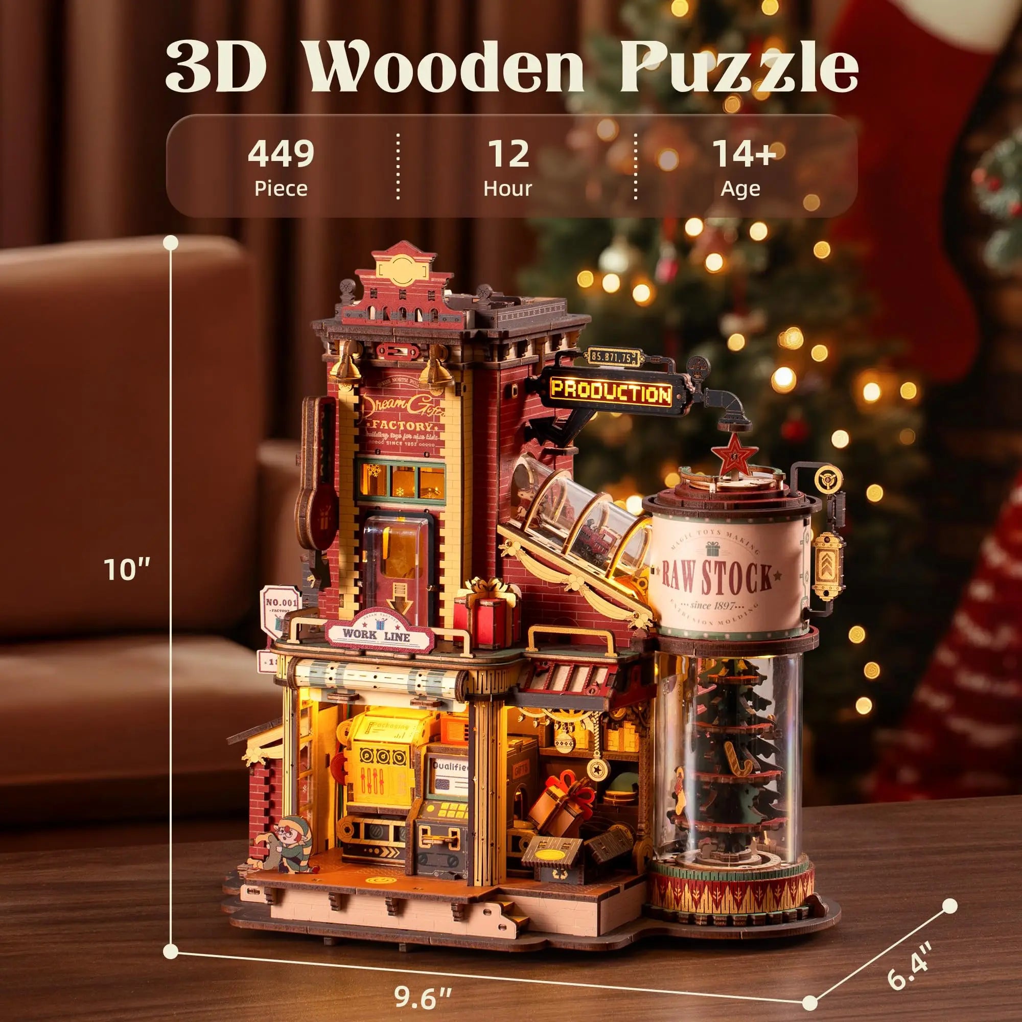 Robotime rokr dream gift factory 3d wooden puzzle christmas gifts toy with light and music for children kids building