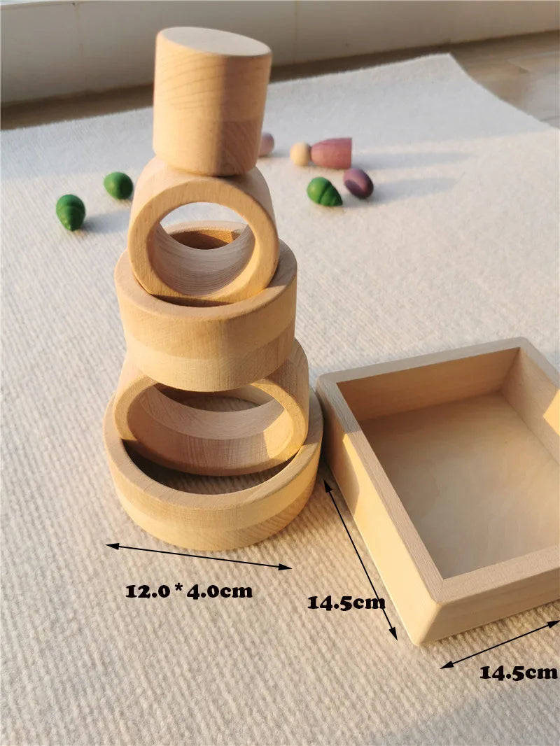Kids rainbow wooden nest rings unpaint beech stacking blocks creative loose parts montessori toys - unpaint in tray 5
