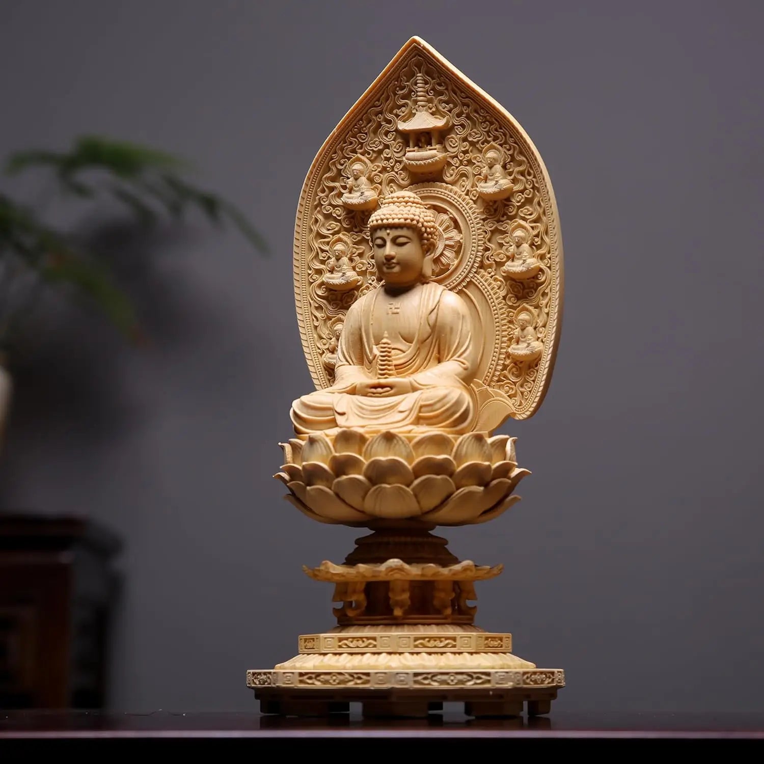 Finely carved hinoki cypress wood eastern saints buddha statues medicine with sunlight and moonlight bodhisattvas