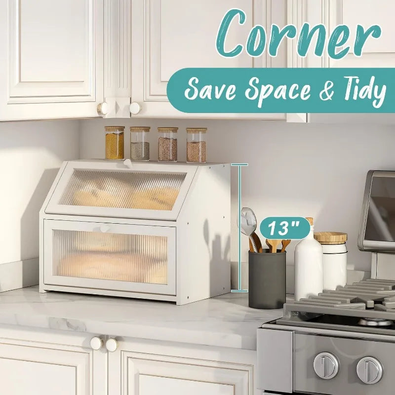 White bread box for kitchen counter large bamboo wood double layer wooden storage capacity - united states