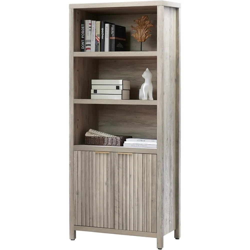 Bookcase tall bookshelf with doors cabinet 15.4in depth 5 tier book shelf wood oak 1.4’’ mdf bookcases storage floor