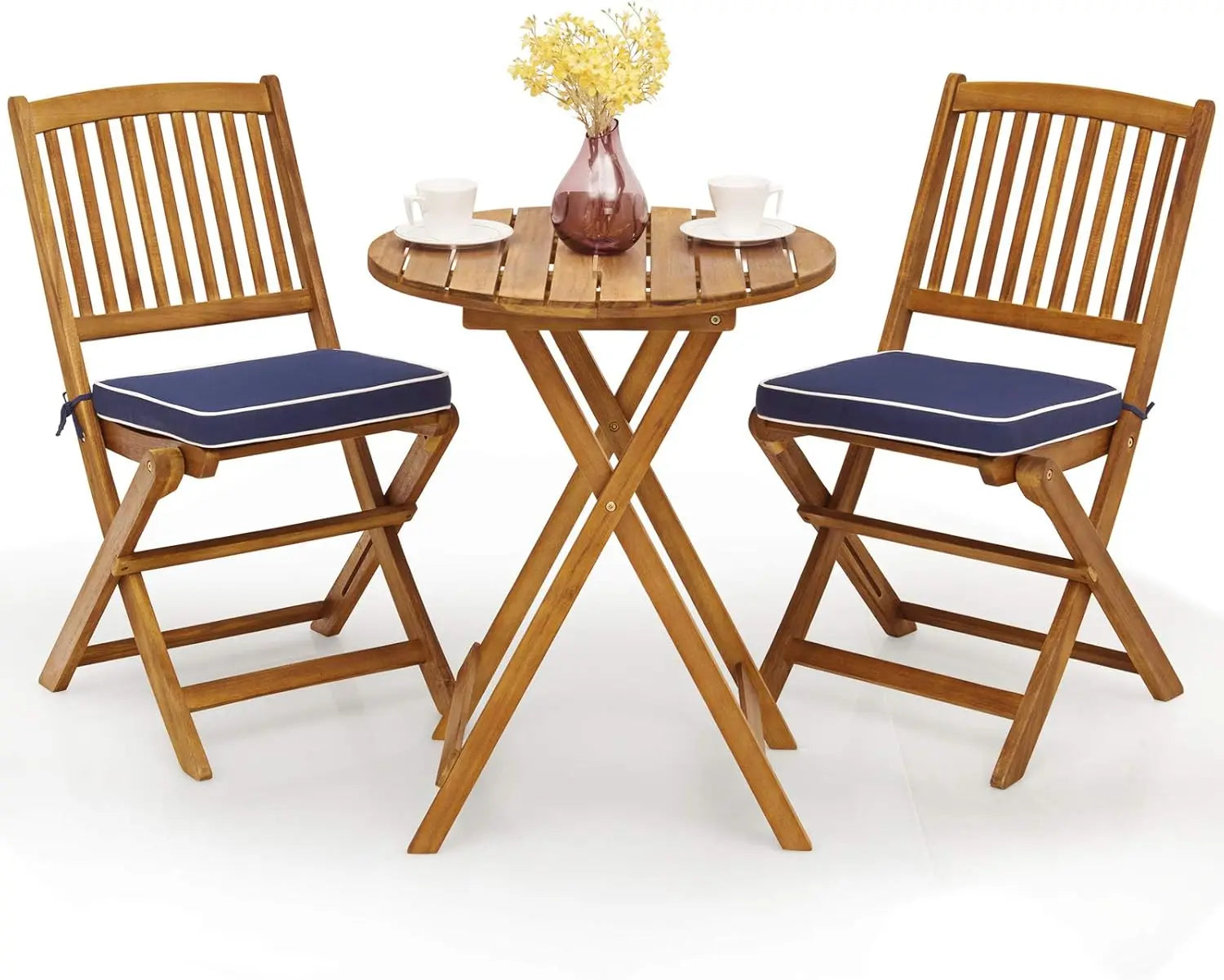 3pcs patio bistro set wood folding table 2 cushioned chairs for garden yard outdoor furniture round - natural navy blue