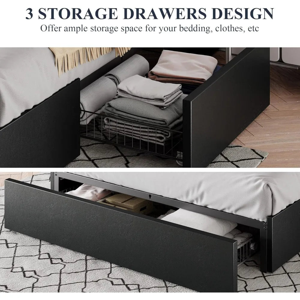 Allewie queen size platform bed frame with 3 storage drawers faux leather upholstered wooden slats support no box