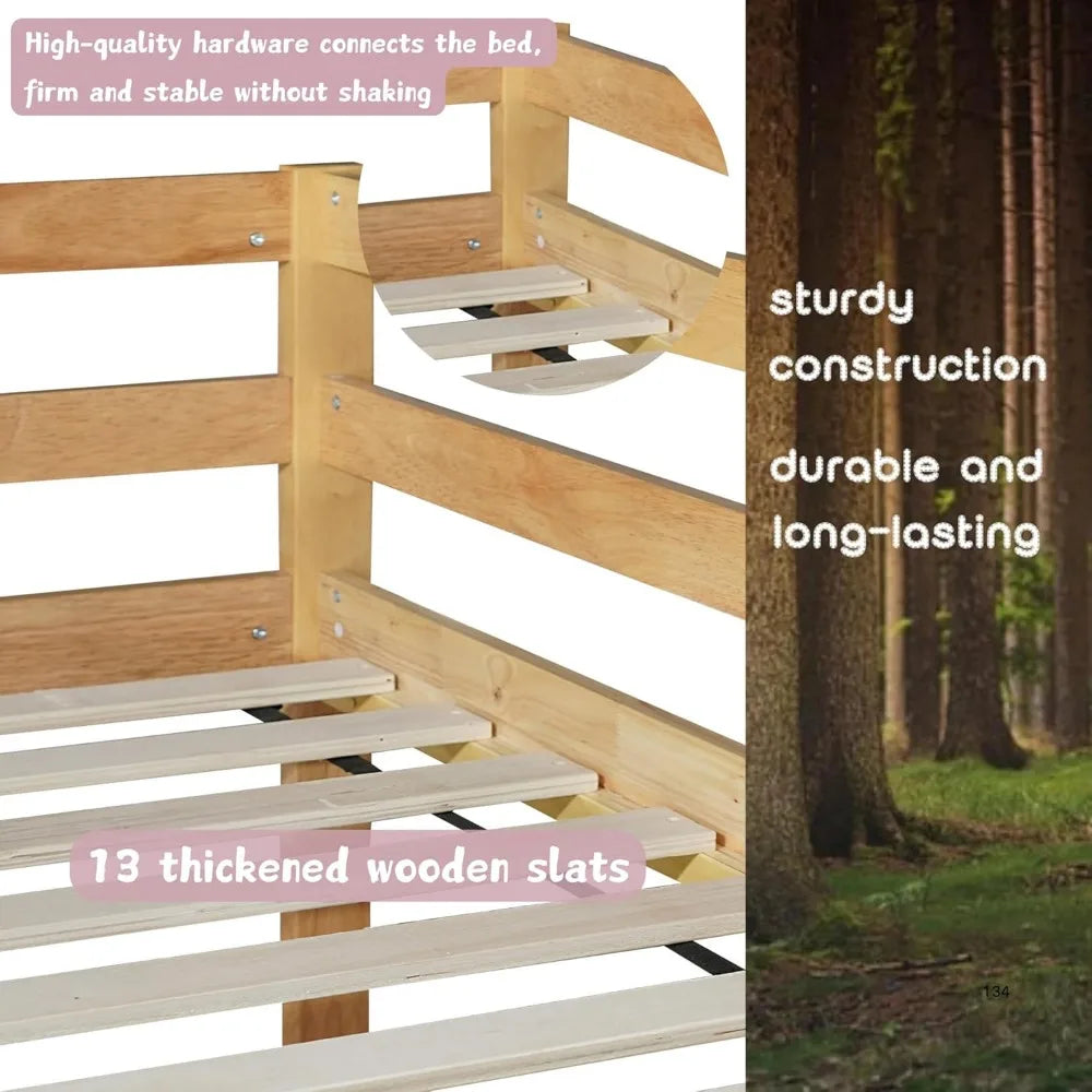Low bunk beds twin over floor bed frame junior loft for kids boys girls teens natural