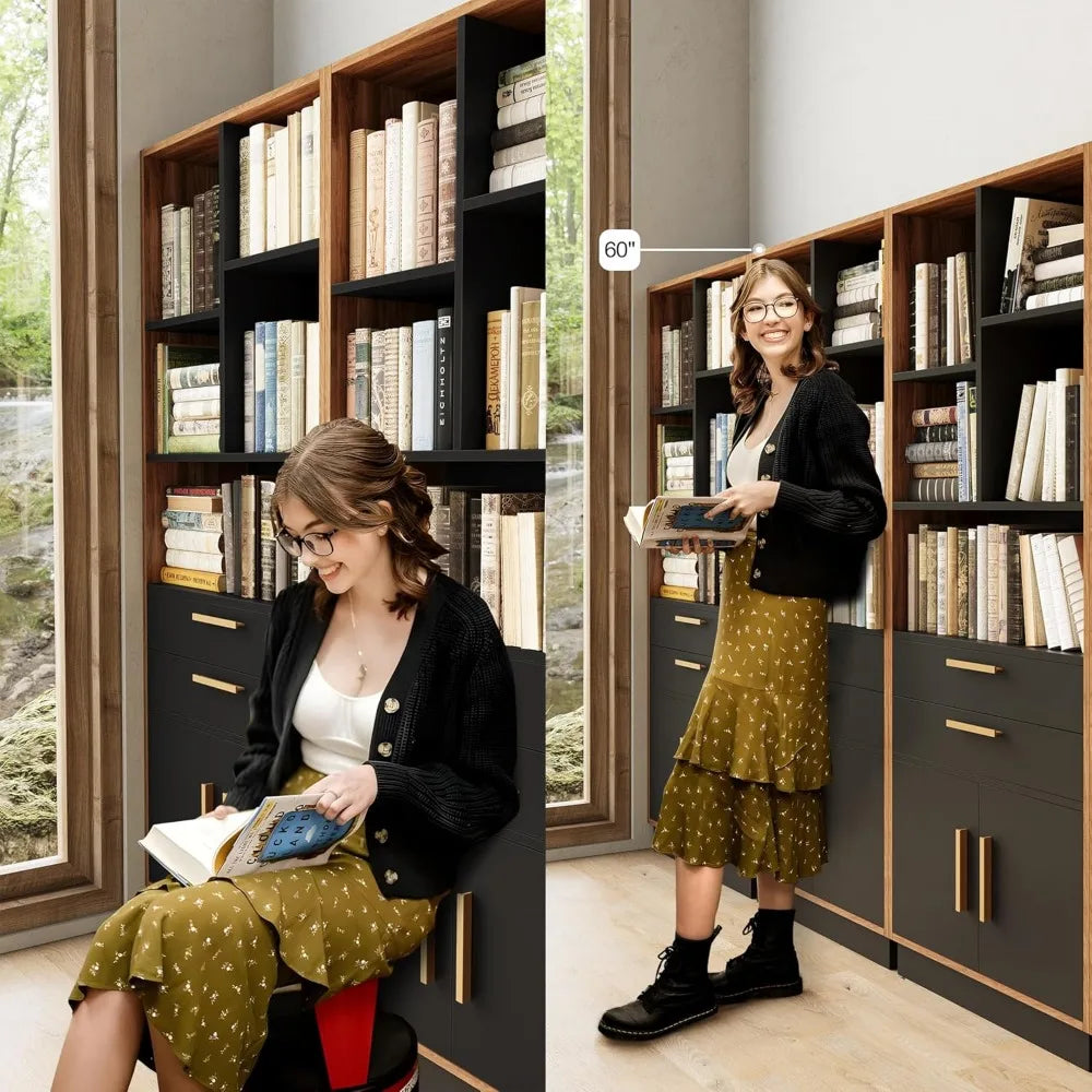 Book shelf with storage 59 inches tall bookshelf doors modern bookcase 5 cubes and 2 drawers wood for hom