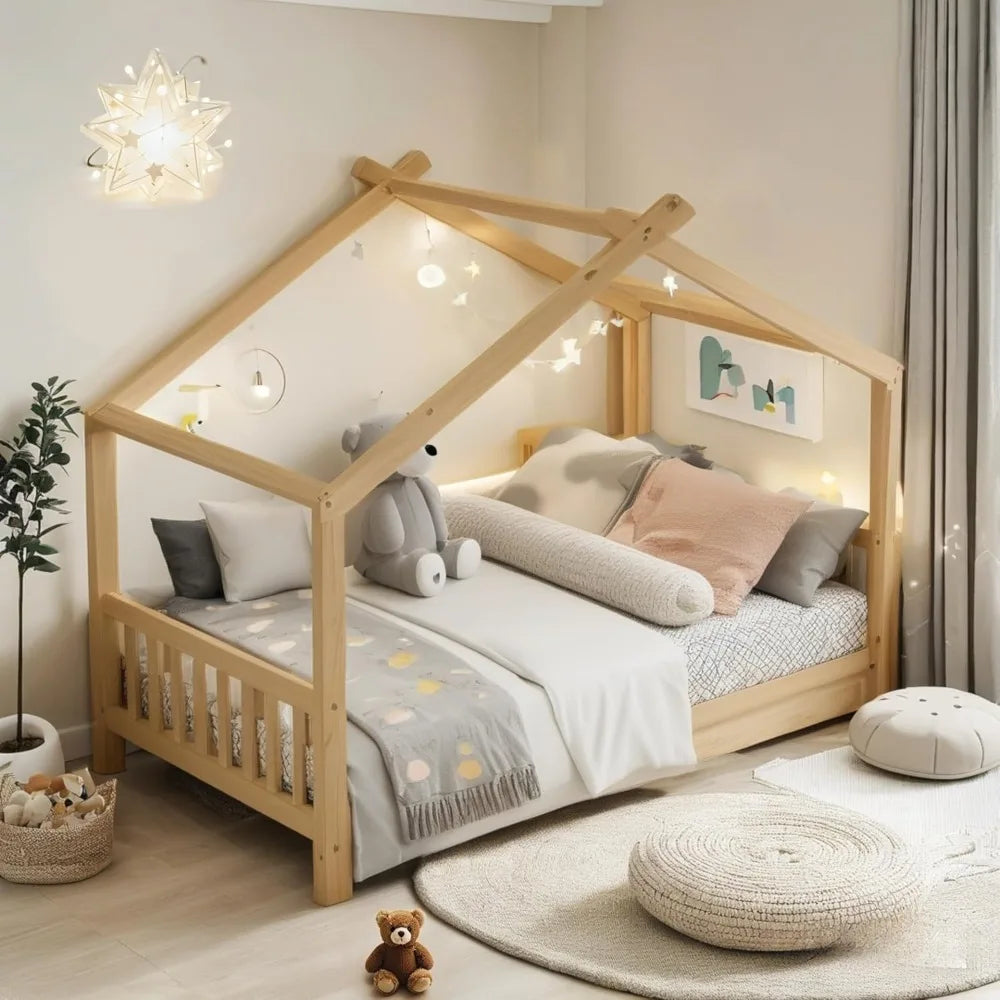Bellemave floor house beds wood montessori bed frame twin size platform with headboard & footboard for kids boys girls