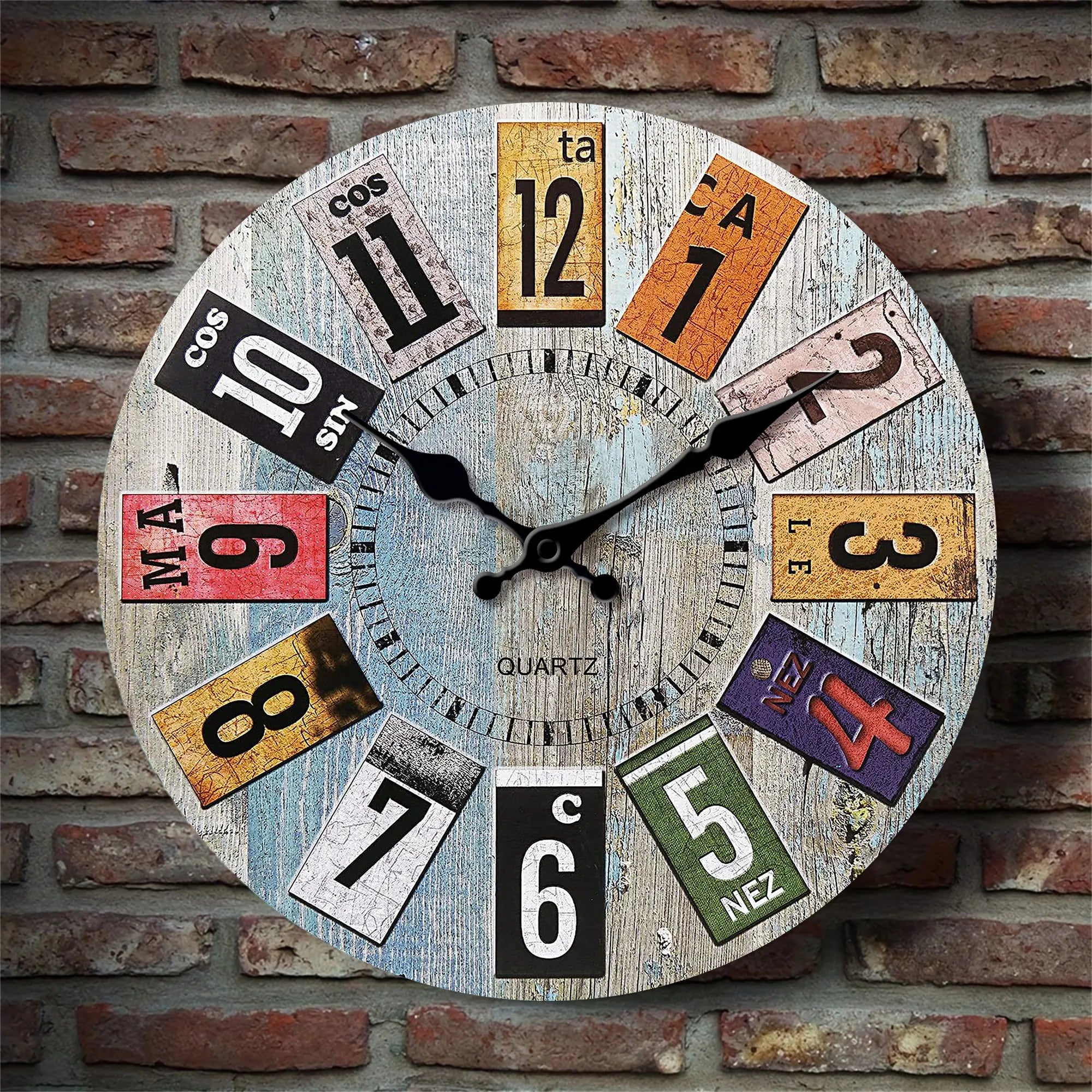 Nordic vintage style wooden wall clock light blue wood texture with colorful arabic numerals design silent f