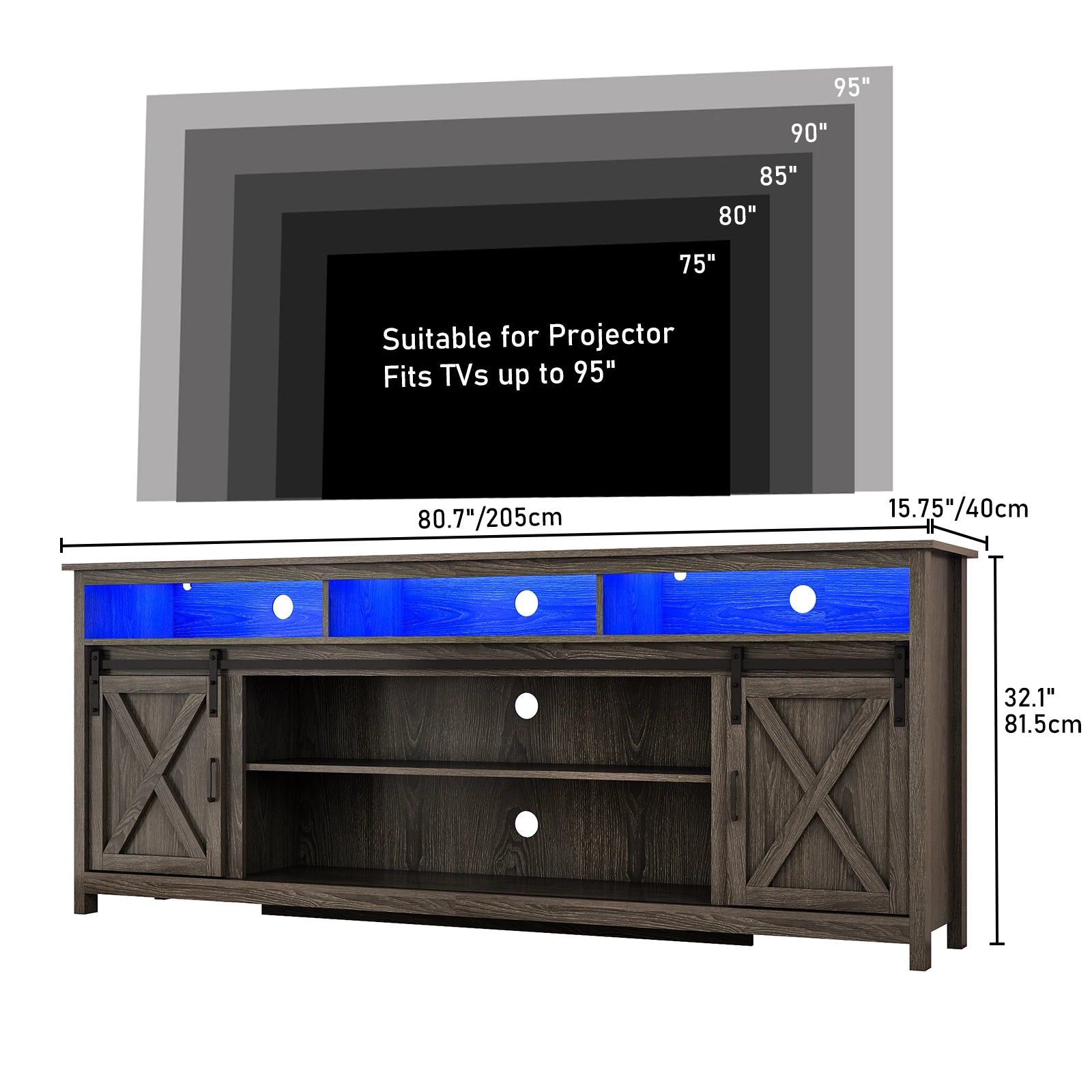 Tv stand farmhouse coffee bar cabinet rustic sliding barn door storage with power outlet & led light 57’’ wooden cabi