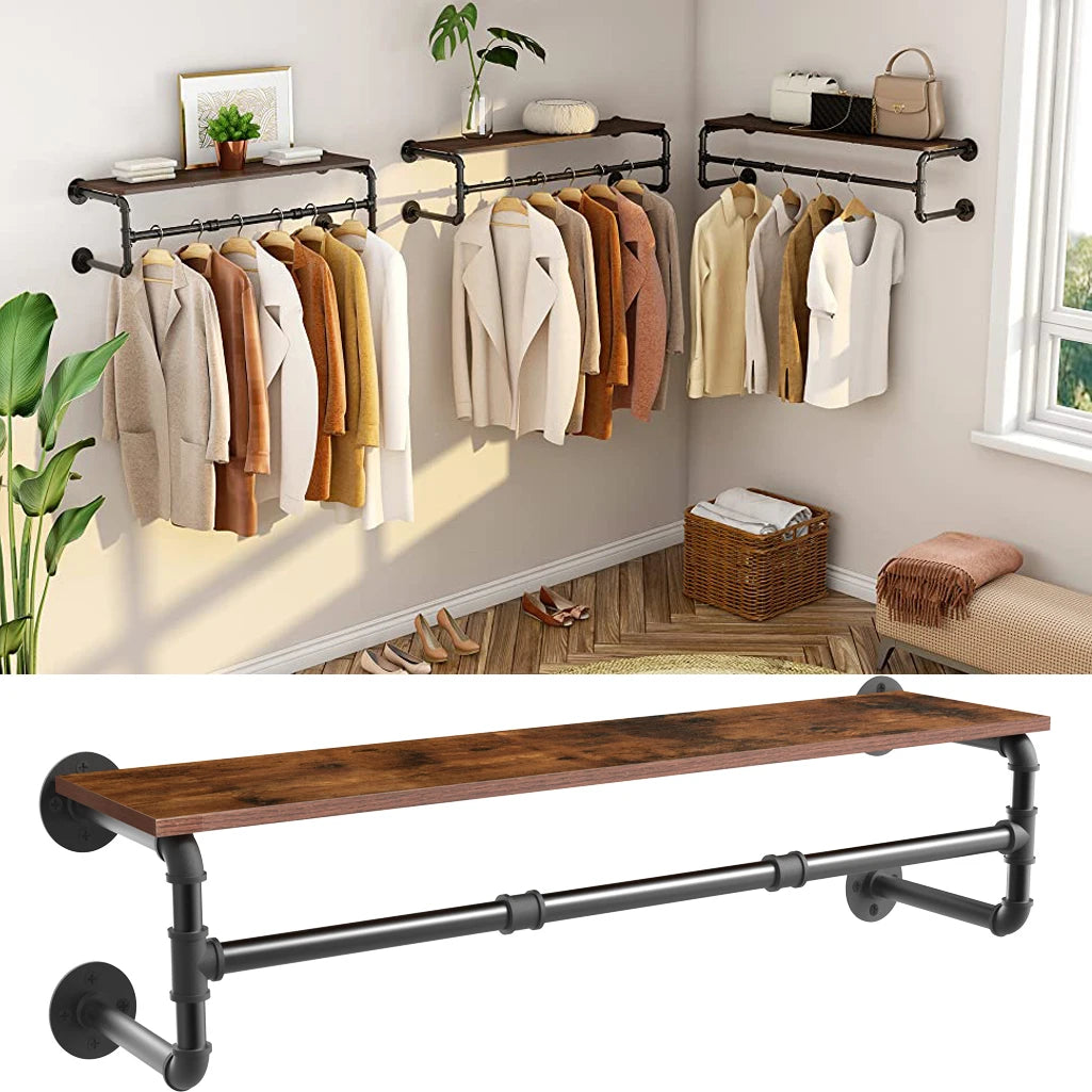 Industrial pipe clothing rack wall mounted wood shelf shelving floating shelves retail garment display racks