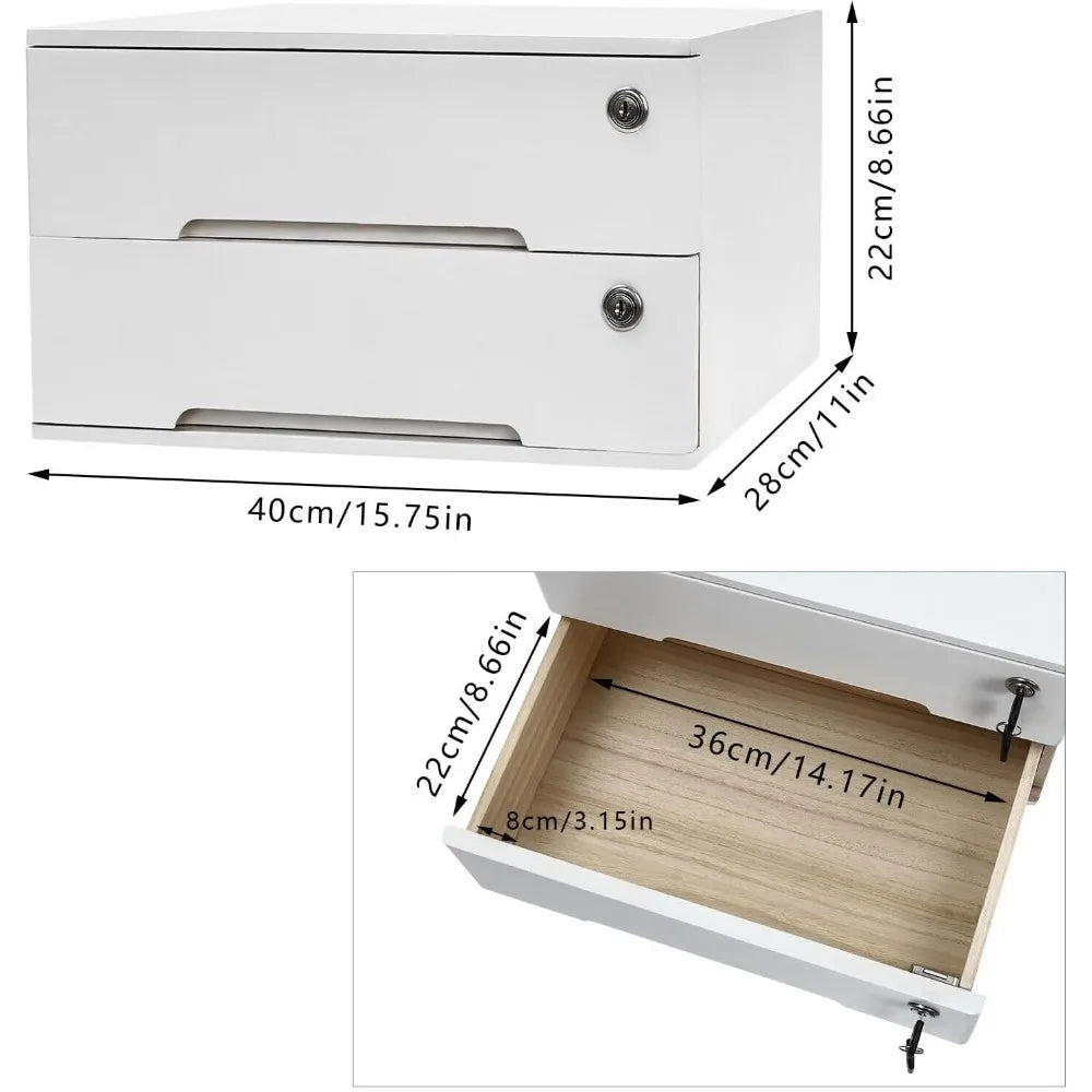 Wooden desk organizer with drawers lockable desktop countertop storage cabinet home file tabletop (2 drawer white)