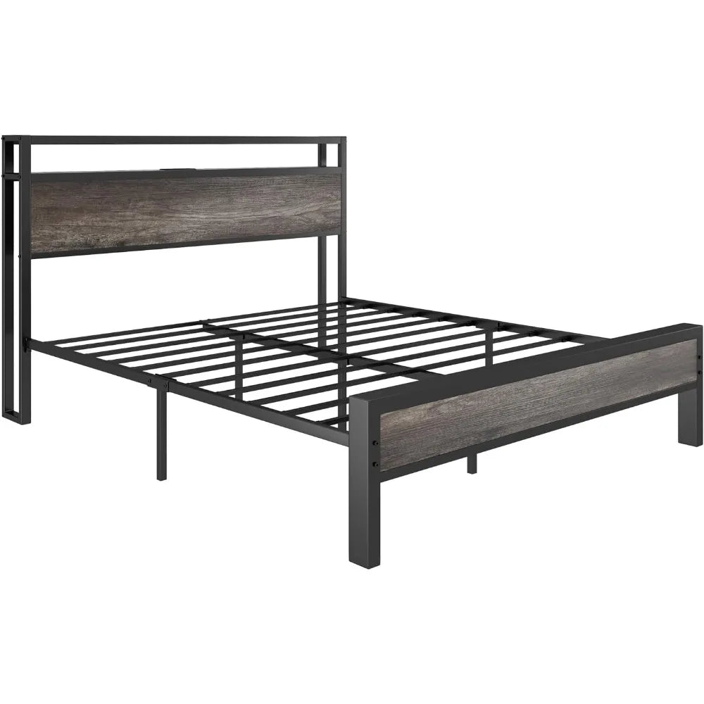 Queen size bed frame industrial platform with charging station 2-tier storage headboard/no box spring