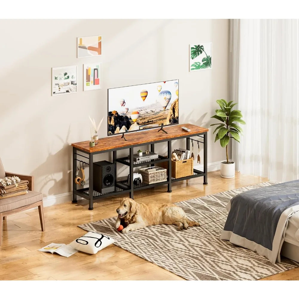 Tv stand for tvs up to 55 inch entertainment center with open storage media console table soundbar shelf - rustic brown