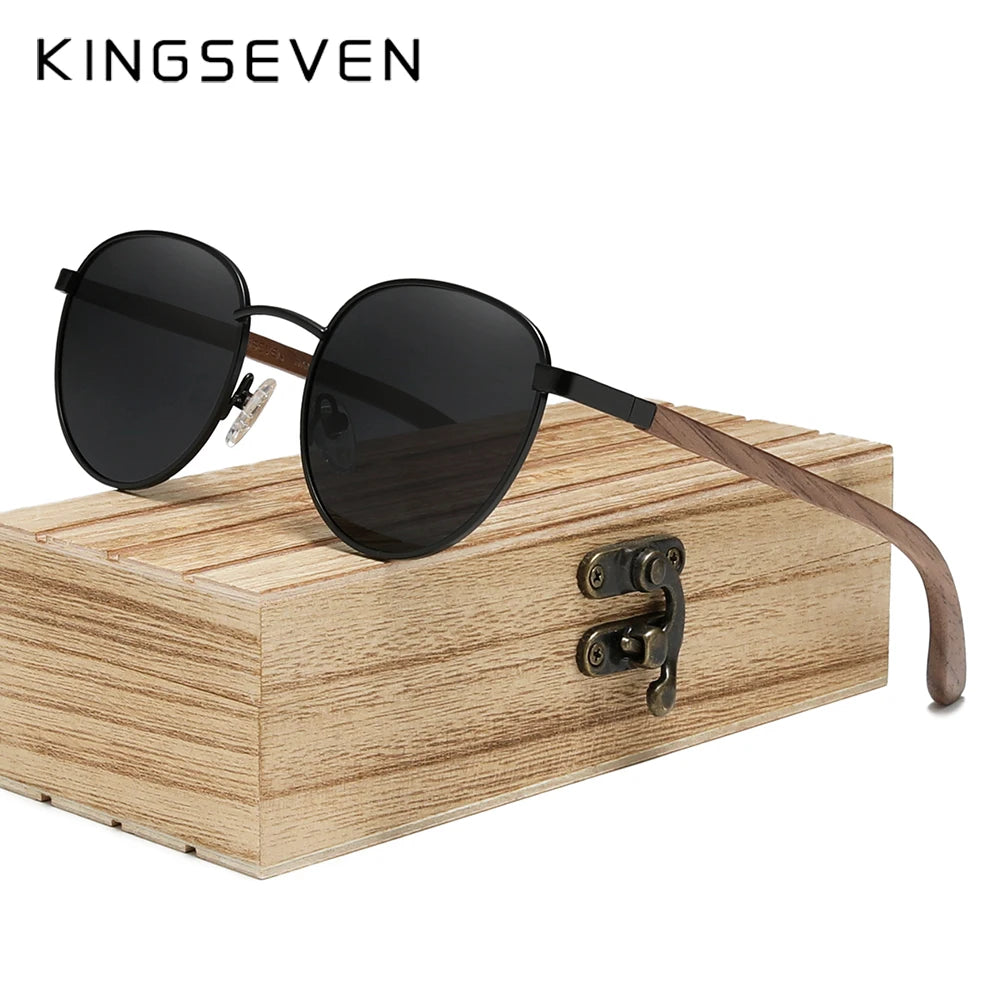 Kingseven brand polarized wooden sunglasses for men women uv400 mirror lens male eyewear round frame handmade causal