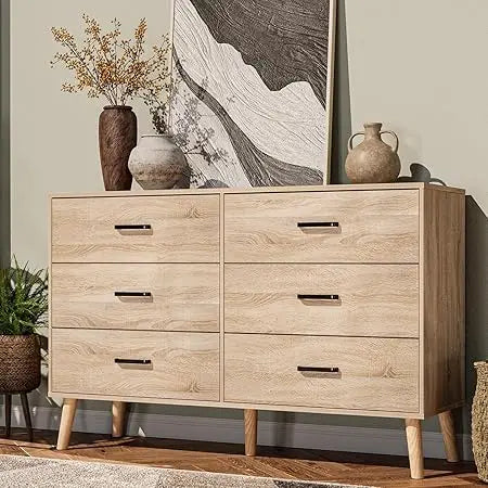 Mid-century modern 6-drawer wood bedroom dresser with metal handles - united states / light oak