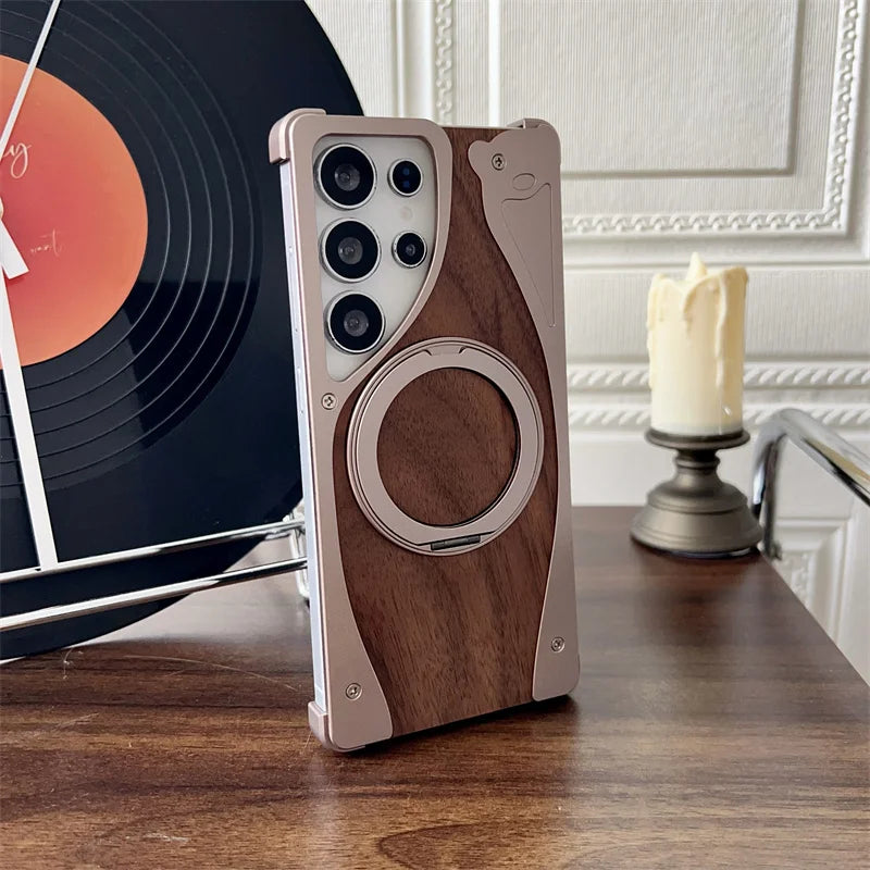 For samsung galaxy s23 s22 s24 s25 ultra walnut wood metal borderless armor case 360° rotating magnetic bracket