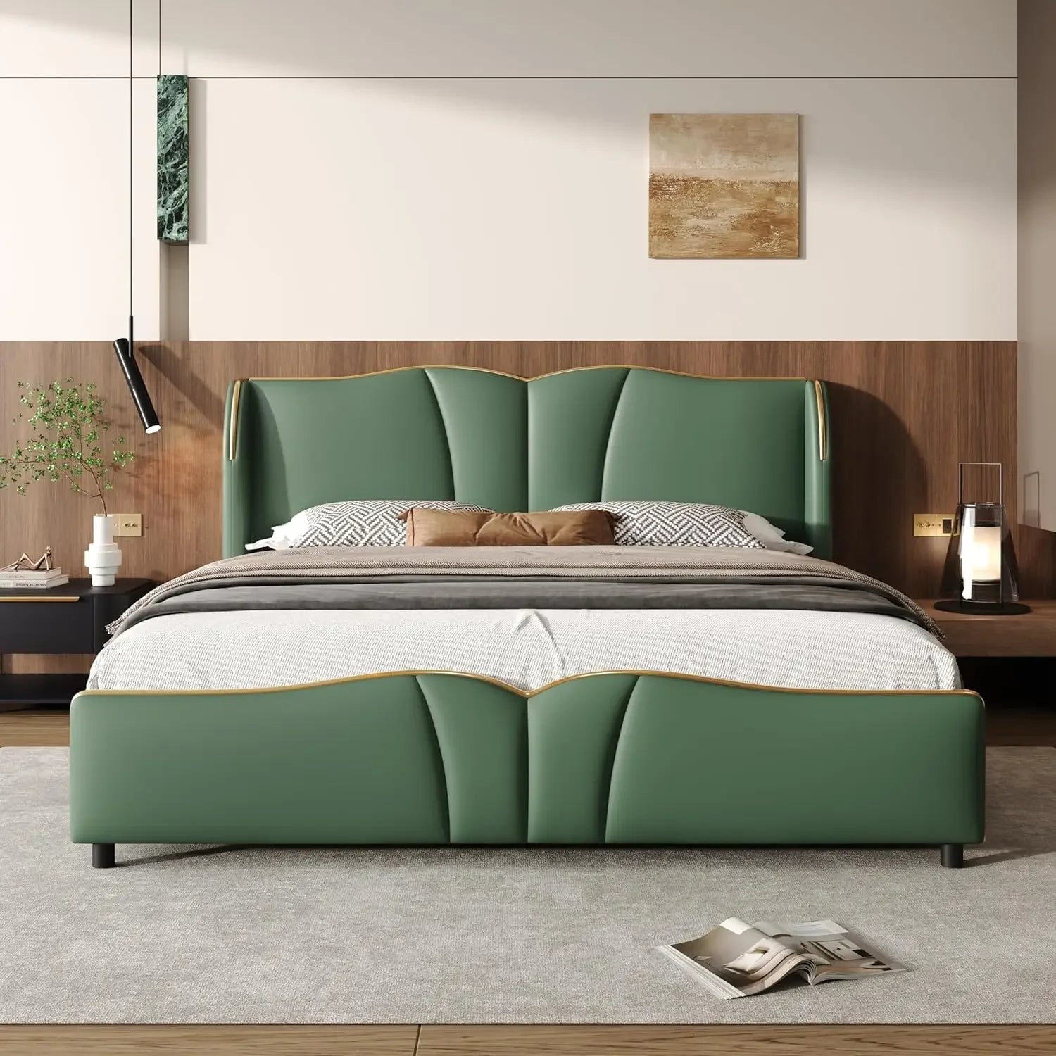 Modern luxury leather platform bed frame - wingback headboard & wavy footboard no box spring required - dark green