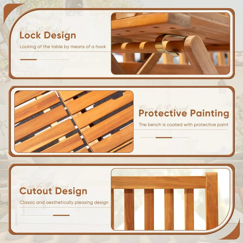 2-person wooden outdoor garden bench patio loveseat with pull-out center table for backyard balcony furniture - log