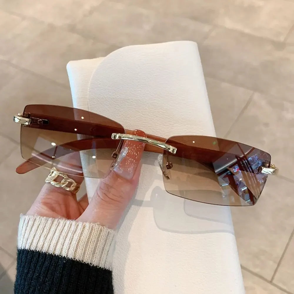 Rimless sunglasses men women wooden pattern luxury brand retro square sun glasses fashion shades uv400 travel outdoor