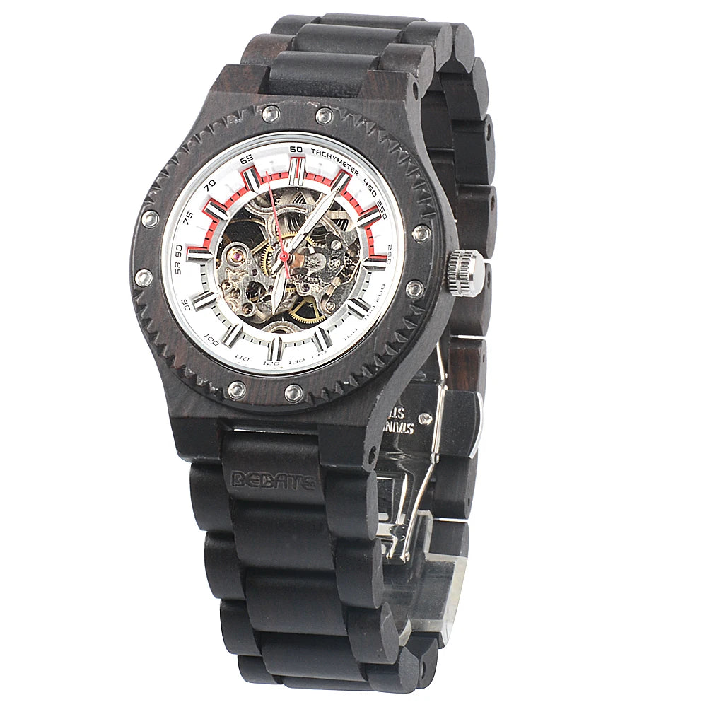 Classic mechanical wooden watches for men skeleton automatic self-winding lightweight men’s wood wristwatch - 137b-1