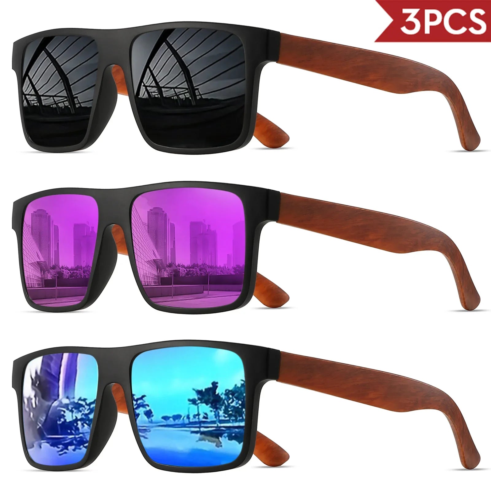 3pcs polarized retro square sunglasses - mahogany wood grain temples & spring hinges uv400 for driving/travel/outdoor