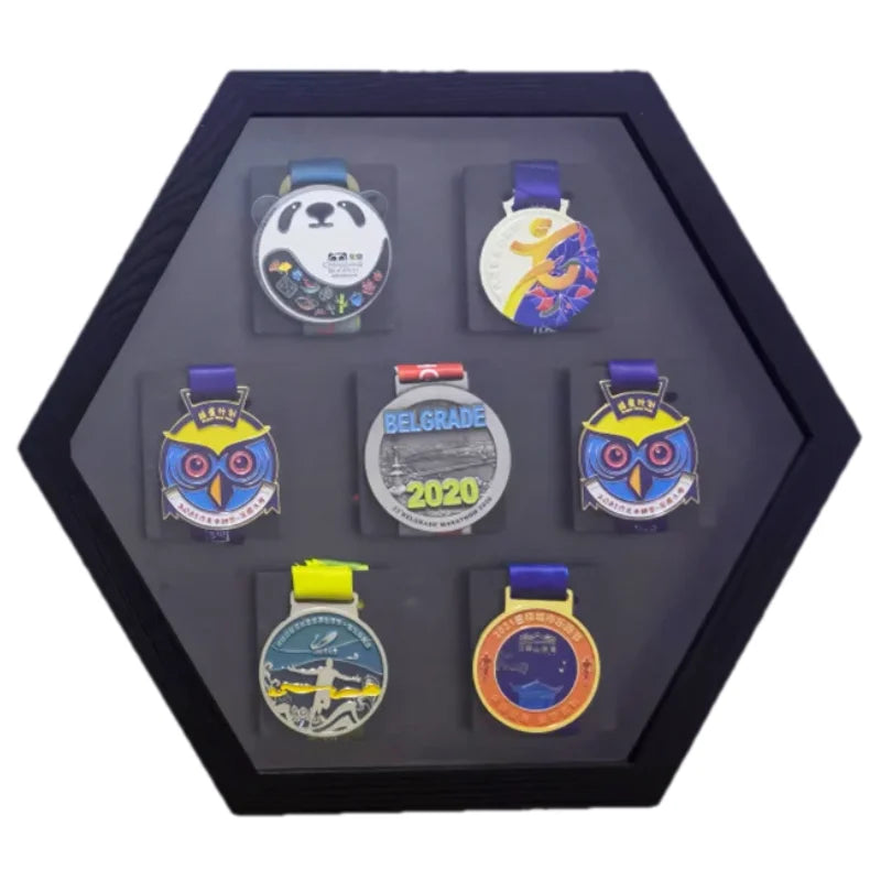 Wooden hexagonal medals frames for marathon display wall mounted picture sports football running swimming