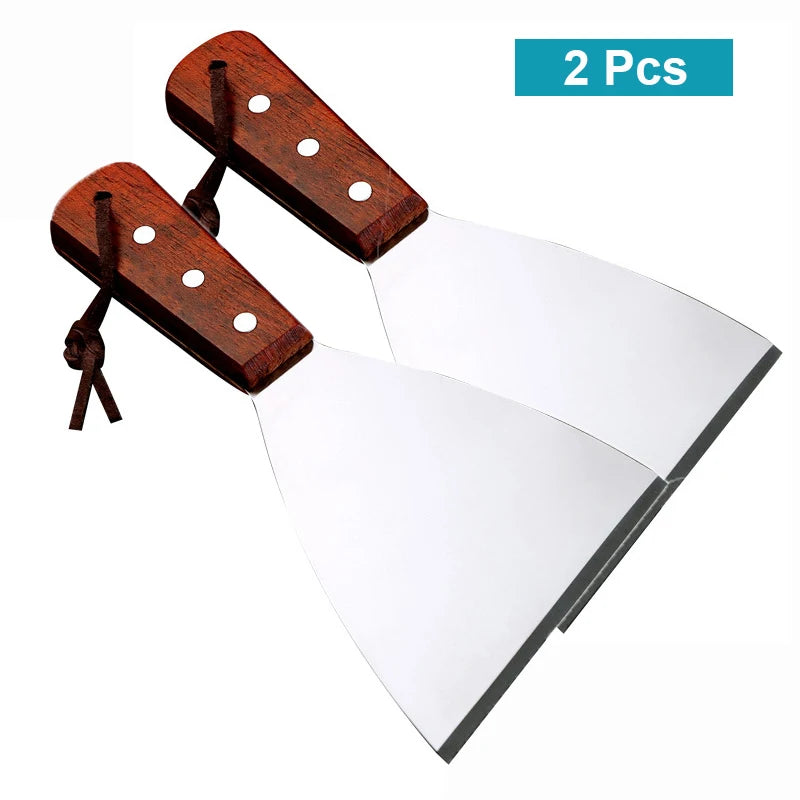 Pizzathome stainless steel food spatula grill shovel wood handle bbq tool beef steak turner square triangle for - 2 pcs