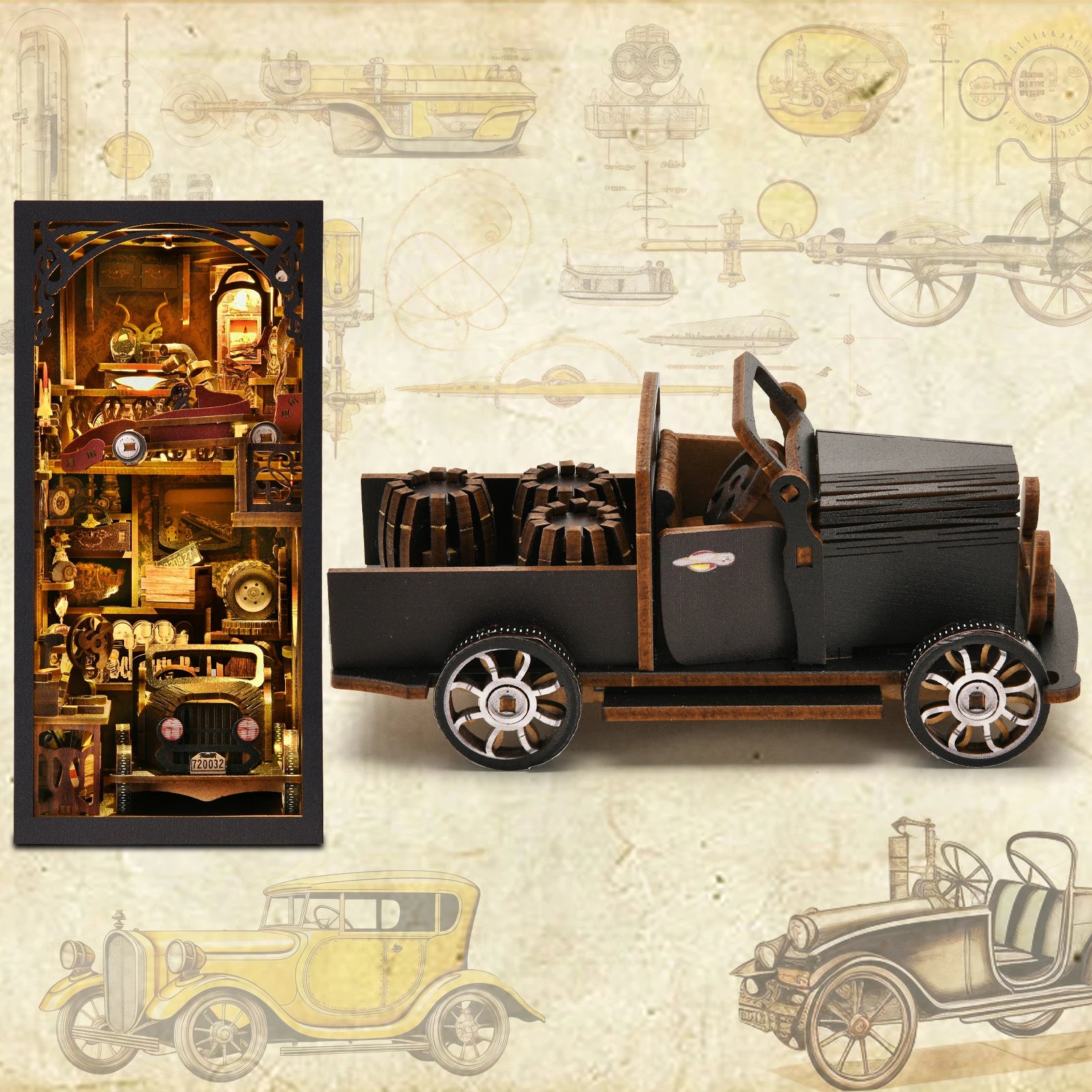 Model car vintage classic wooden creative diy 3d puzzle book nook kit science experiment education children’s toys