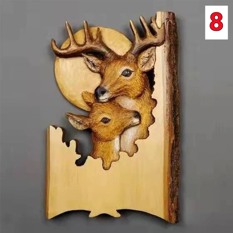 Animal carving handcraft wall hanging sculpture wooden raccoon bear deer fox wolf hand drawn decoration home living