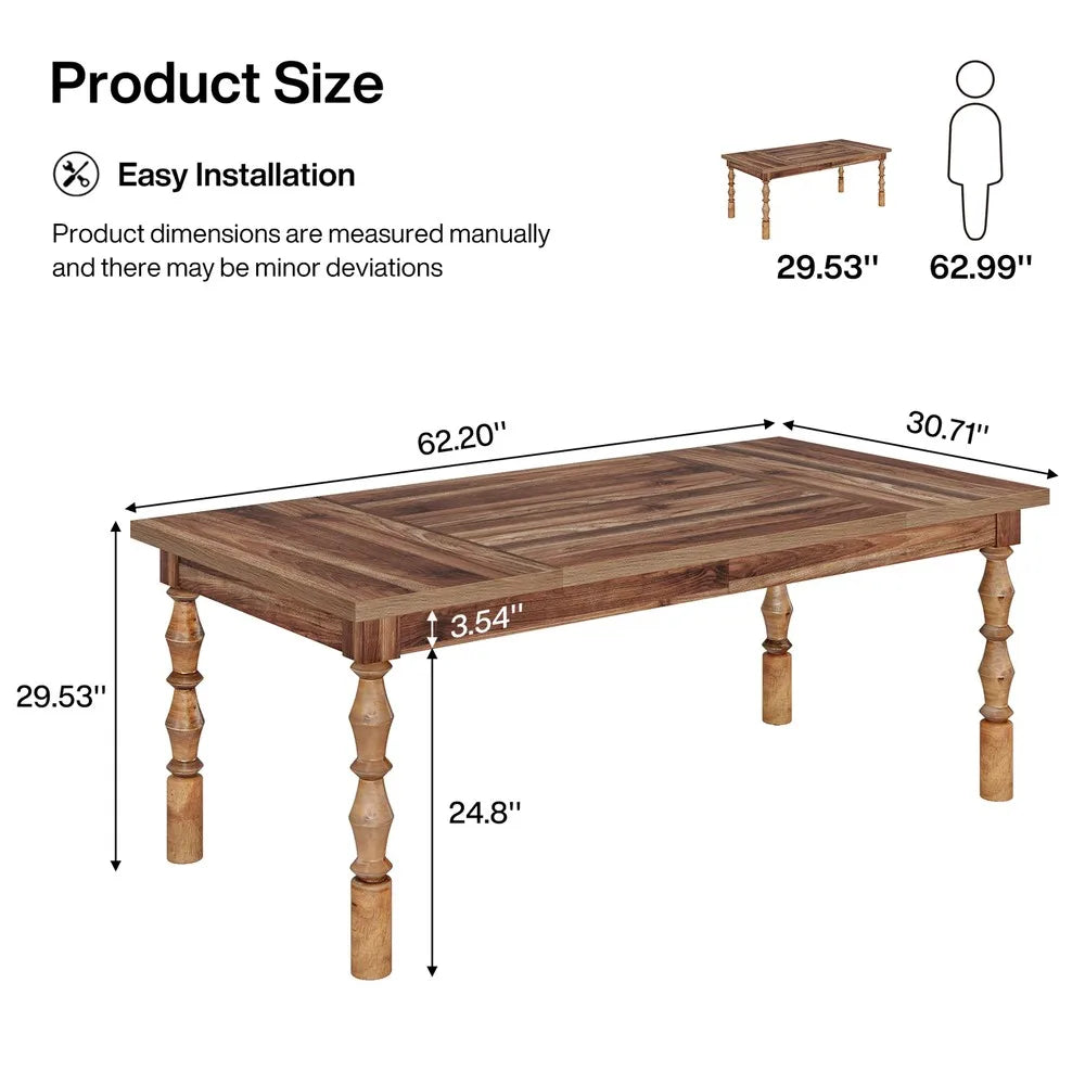 62’’ farmhouse wood dining table for 4 to 6 people large rectangle kitchen - united states / brown