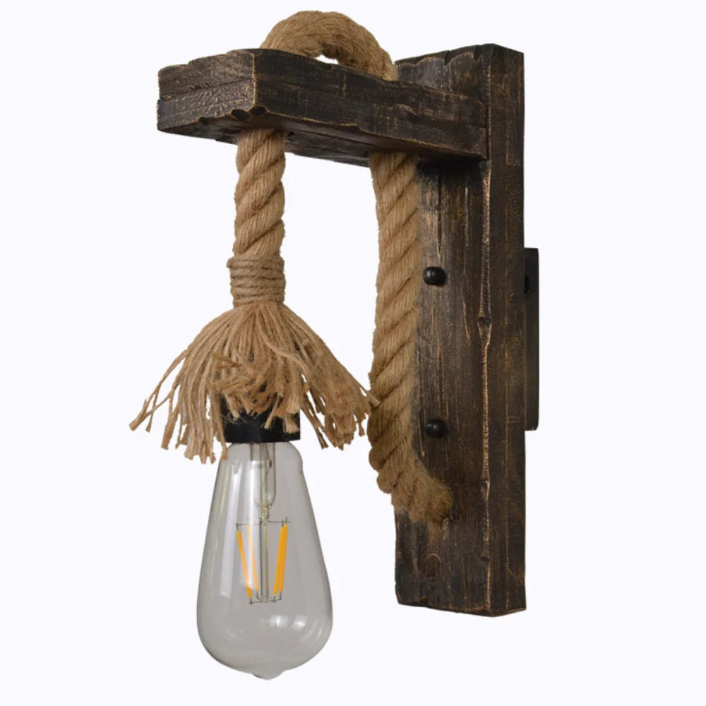 Vintage wood hemp rope wall lamps fixture retro hallway bedside loft light luminaire industrial american decor lighting
