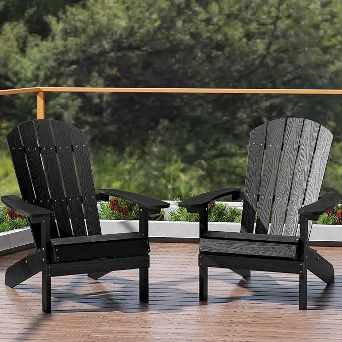 Adirondack chairs set of 2: plastic - patio with wood texture - outdoor chair hips - lawn fire pit - black / united