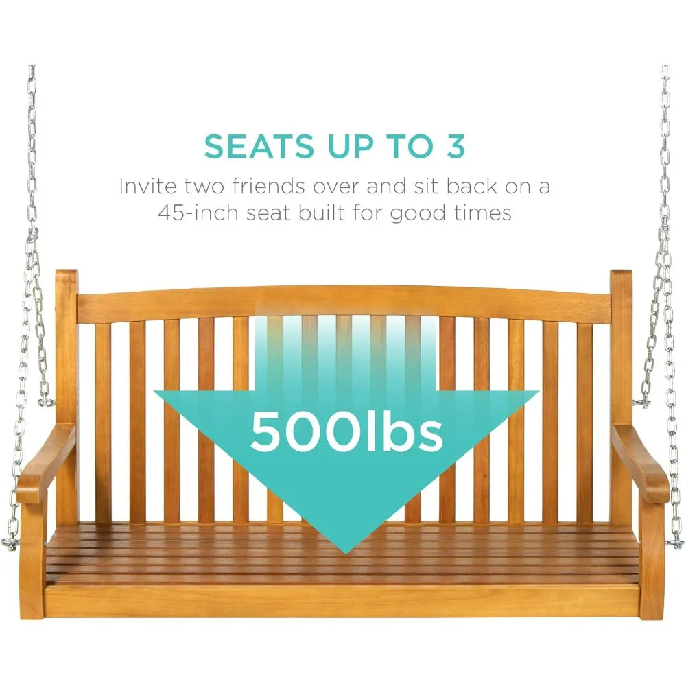 48in wood porch swing outdoor patio hanging bench chair furniture for deck garden yard w/mounting chains curved back
