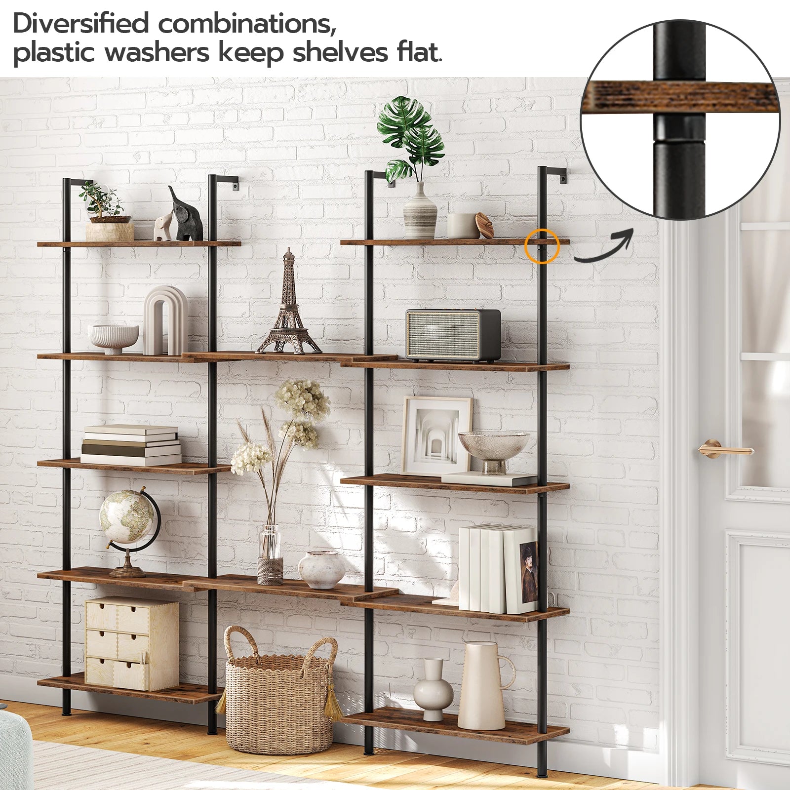 Diy ladder shelf 6-tier wall mounted bookshelf office vertical bookcase wooden storage shelves for home - rustic brown