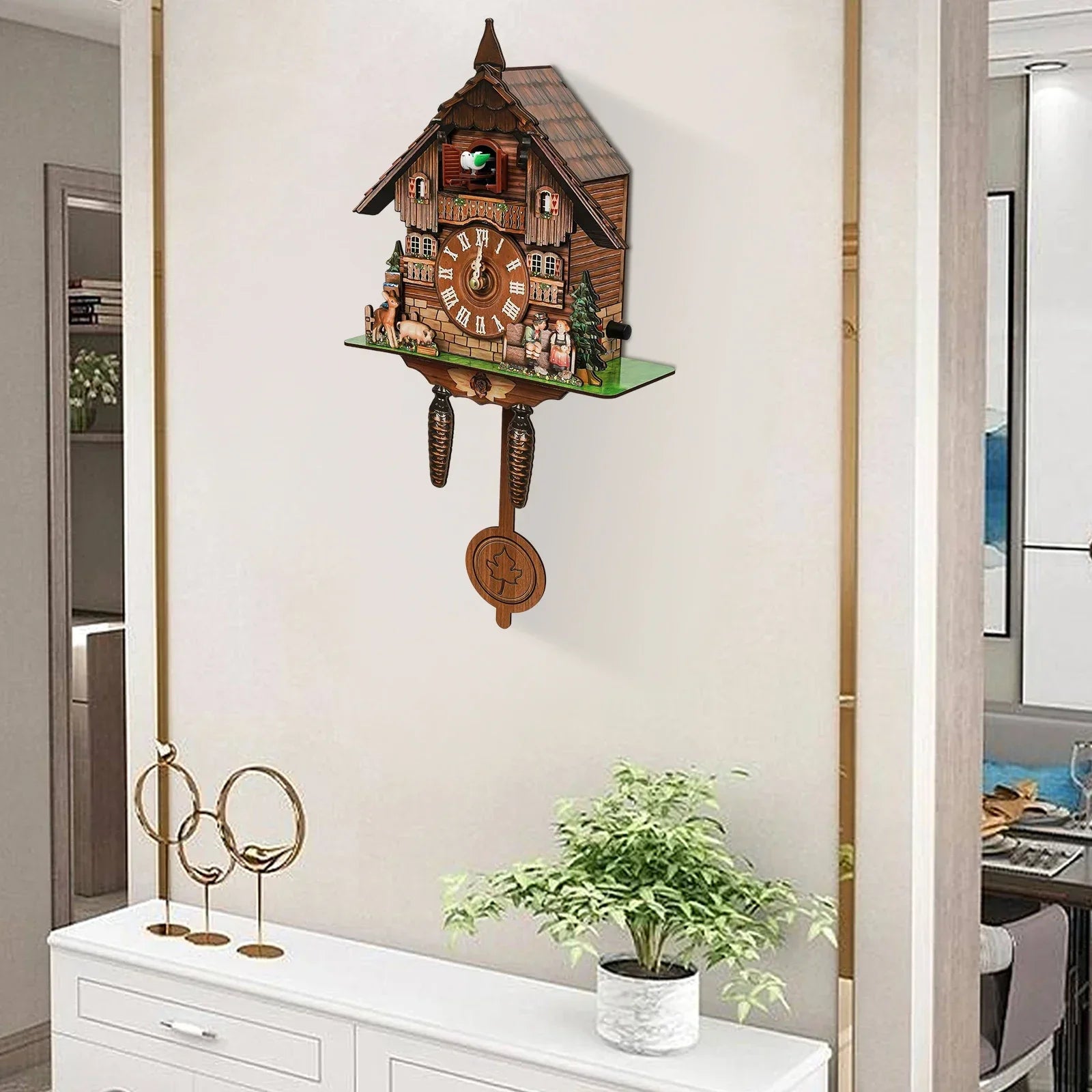 Multi-color wooden cuckoo clock modern house shape auto night silence battery operated wall for living room bedroom