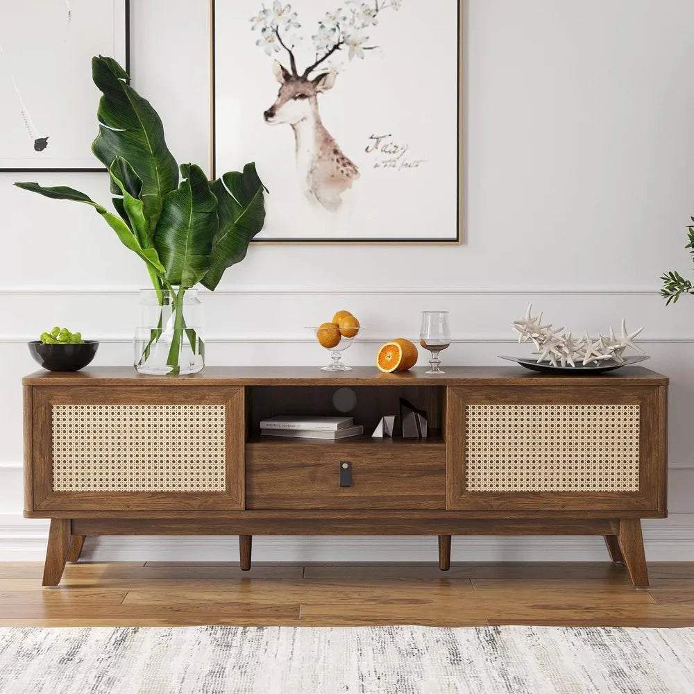 Rattan tv stand for tvs wood mid century modern media console with drawer and 2 cabinets boho