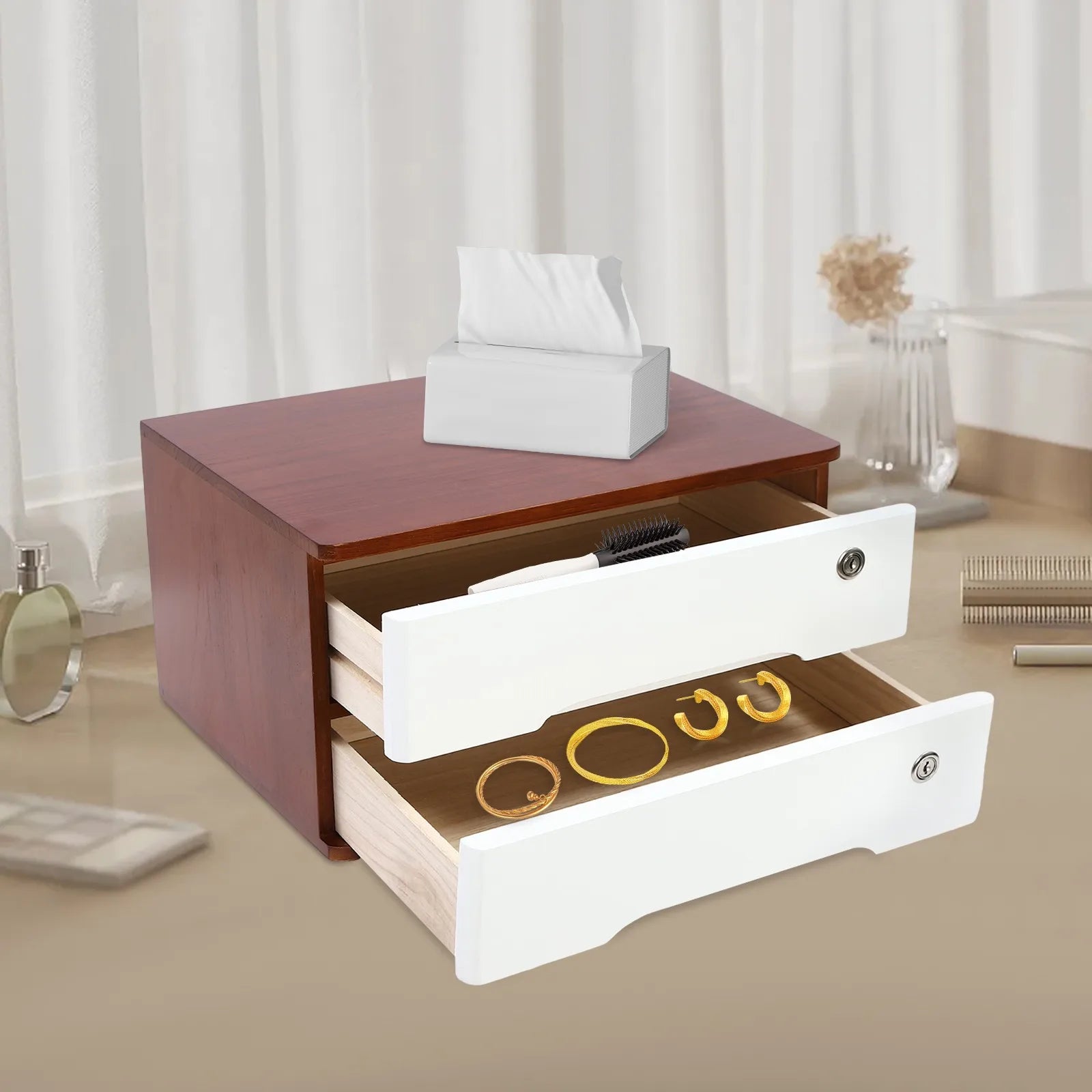 Wooden desktop storage box desk organizer box + lockable drawer - united states / wine red