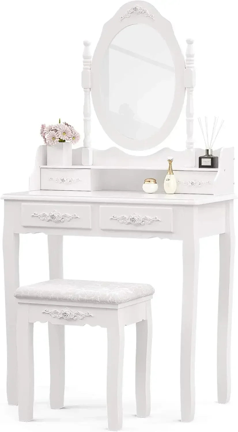 [xmsj]vanity table set,makeup with oval mirror & stool bedroom wood dressing 4 drawers white - united states