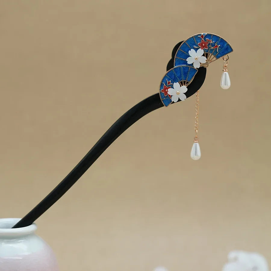 Retro flower hair forks long tassels wooden sticks pearls bead step shake chinese wedding bridal hairpins clips jewelry