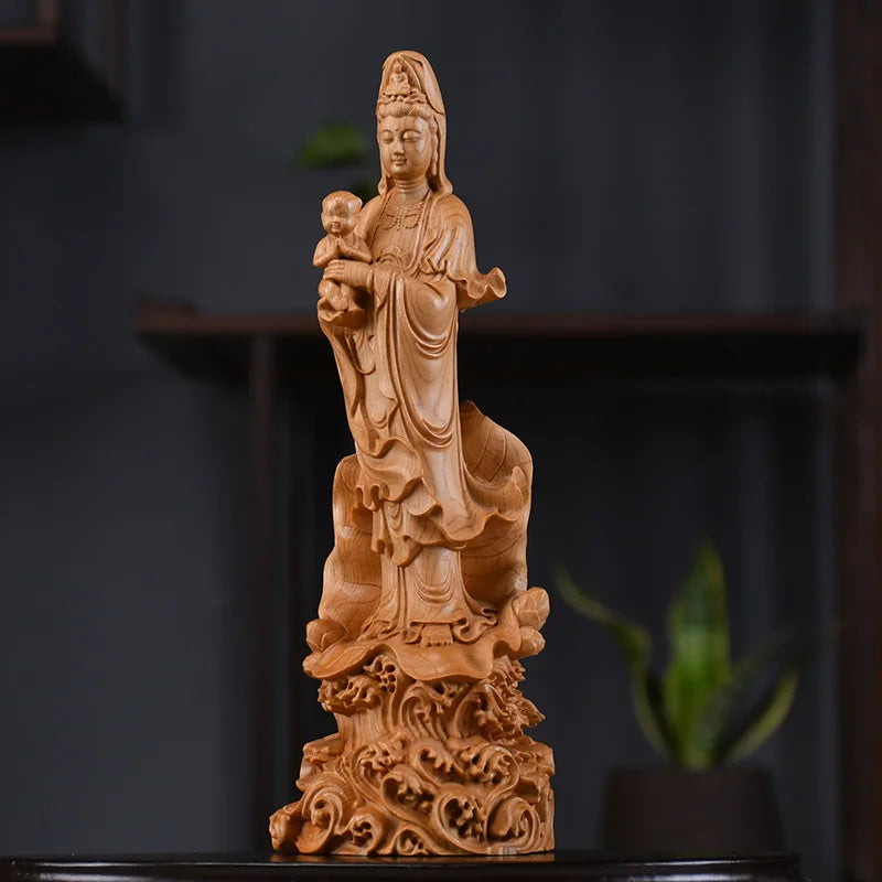 Natural cypress sending son guanyin statue - chinese buddhist character statue solid wood carving feng shui room