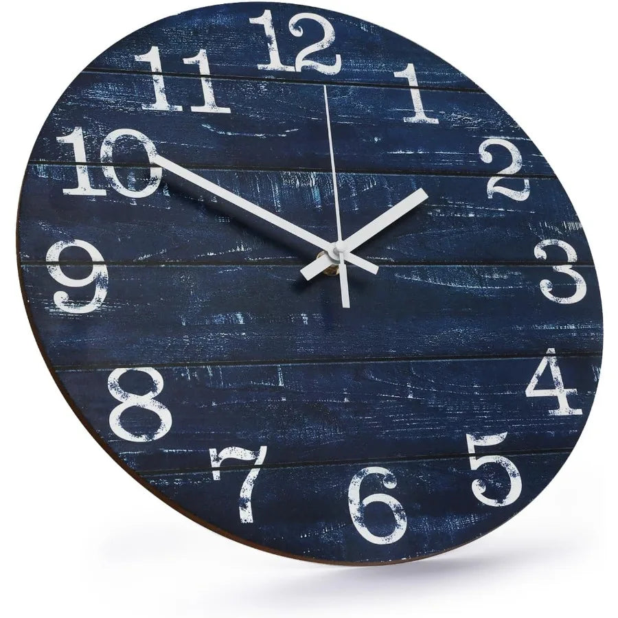 Wall clock 12 inch imitation wood silent nonticking indoor round blue decor rtic minimalist battery operated c - united