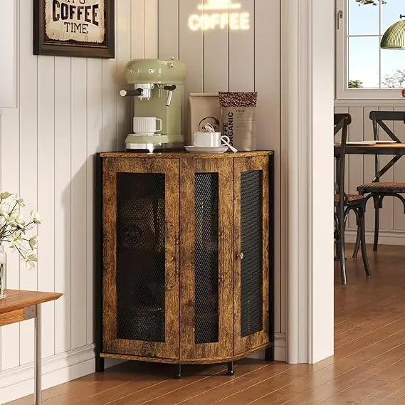 Coffee bar cabinet 3-tier corner with storage shelf & 18.7’’ countertop rustic wood station mag - united states / brown