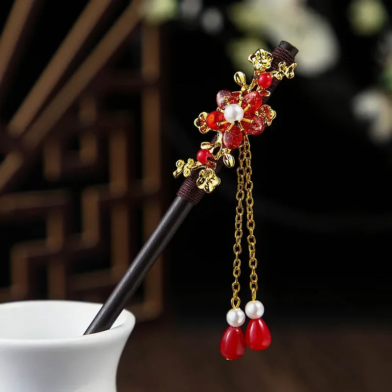 1pc wooden hair stick chinese style winding flower hairpin with tassel elegant lady clip accessories vintage 2024
