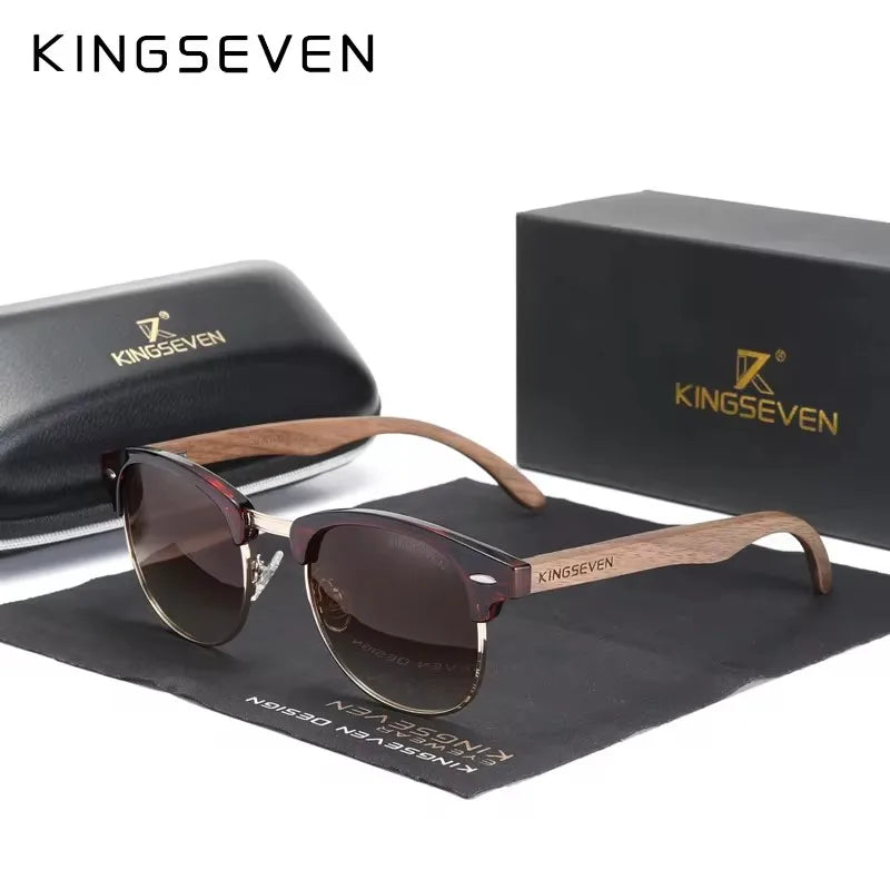 Kingseven trendy vintage handmade black walnut wood sunglasses men women polarized glasses male uv400 shades oculos