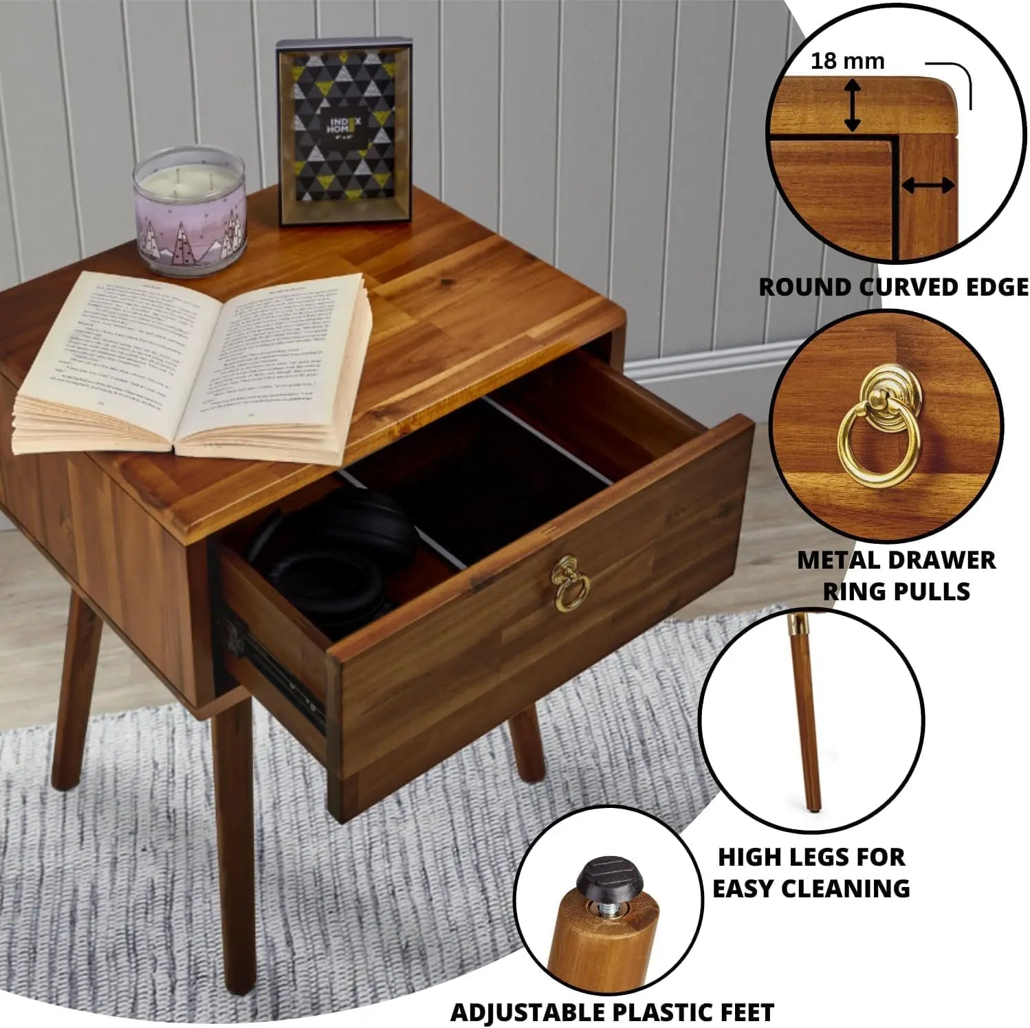 Solid wood nightstand/side table/end table fully assembled with 1-drawer for mid century bedroom and living room