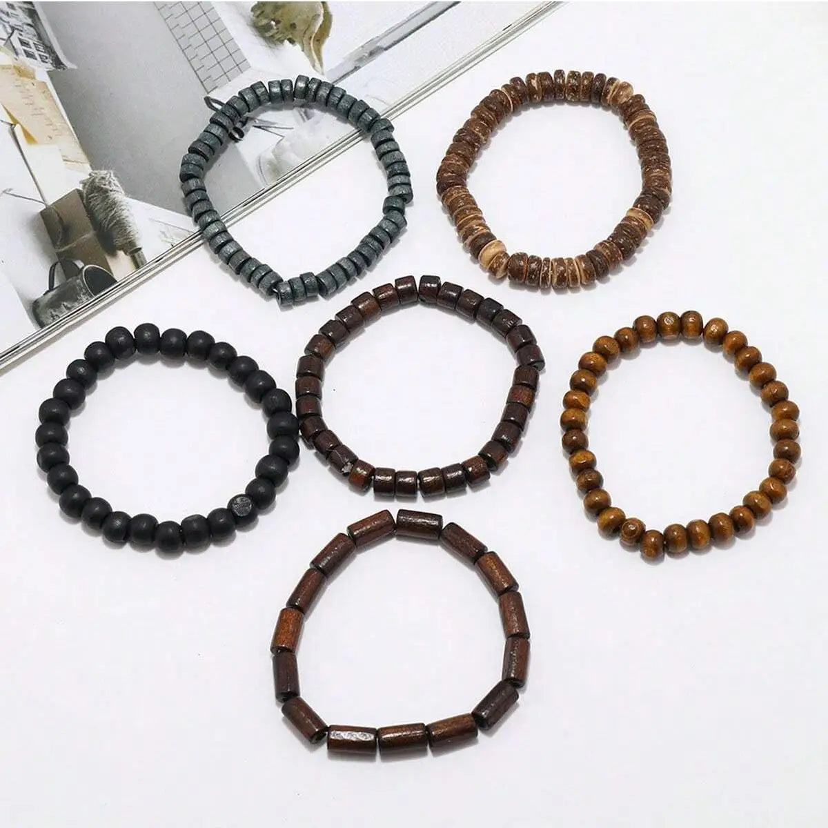 6pcs wodeen braided wrap leather bracelet for men vintage life wood beads fashion male armband - united states / 6pcs