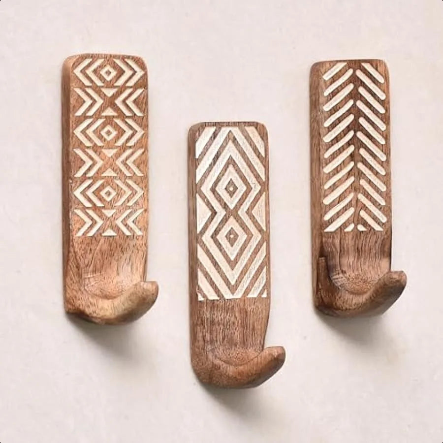 Boho decorative wood adhesive wall hooks for coats 3 6 strips waterproof rustproof towel holder nodrill hangers bathr