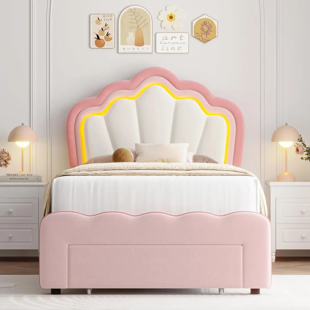 Hostack twin upholstered led bed frame with storage drawer cute girls adjustable lotus headboard velvet princess plat