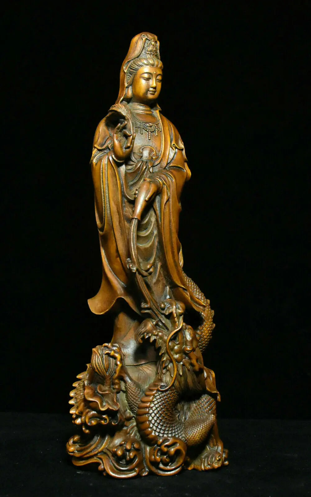 Old china boxwood wood dragon kwan-yin boddhisattva loong guanyin goddess statue buddha statue - religious (buddhist)