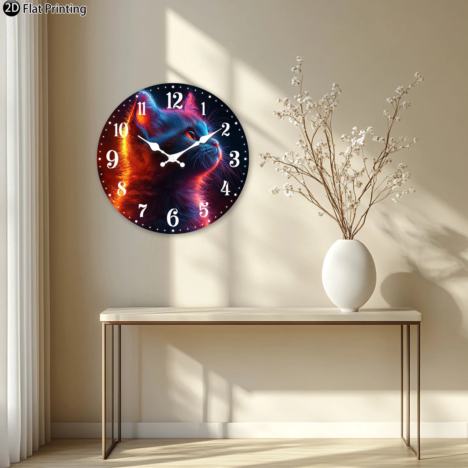 Wooden silent wall clock neon glowing cat quartz analog for bedroom bathroom halloween new year gift